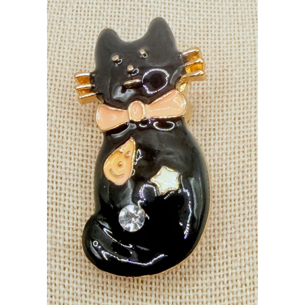 Black Spooky Cute Halloween Cat Brooch Gold Tone Enamel Rhinestone Pumpkin 1.5"